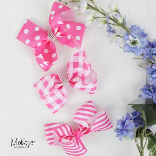 Hair Bow with Striped Grosgrain Ribbon, 6 inch Hairbow (Pink)