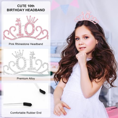 BAHABY 10th Birthday Decorations for Girl Happy Birthday Crown Birthday Girl Headband Princess Birthday Party Favors- Pink
