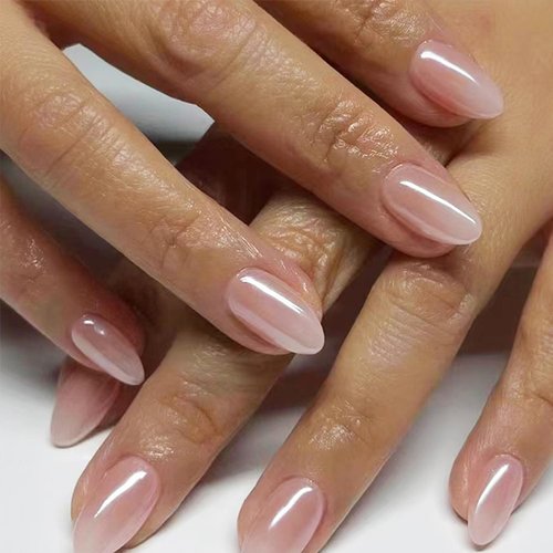LRKNNO Almond Press on Nails Short Fake Nails Nude Glue on Nails with Designs Glossy Chrome False Nails French Almond Shaped Artificial Nails Reusable Stick on Nails for Women and Girls 24pcs
