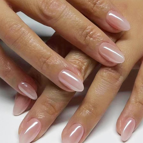 LRKNNO Almond Press on Nails Short Fake Nails Nude Glue on Nails with Designs Glossy Chrome False Nails French Almond Shaped Artificial Nails Reusable Stick on Nails for Women and Girls 24pcs