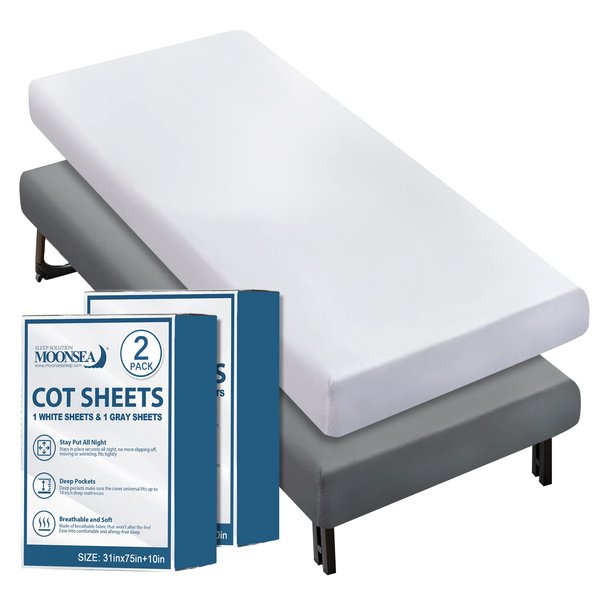 Cot Sheets 31" x 75"(2 Pack), Cot Fitted Sheet Ultra Soft and Breathable Snug Fit for Narrow Twin Mattress/Camp Bunk Beds/RVs Bunk/Guest Beds/Army Cots/Trifold Mattress Grey and White, Sheet Only