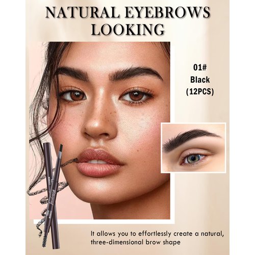 12Pcs Waterproof Eyebrow Pencil Black, Brow Shape and Fill Eye Brow Pencil Kit, Eye Brow Pencils for Women Makeup, Long Lasting Smudge-Proof Easy to Color, Retractable Eyebrow Pen with Brow Razor-01