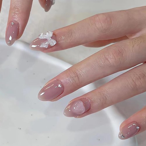 Cute Press on Nails Short Almond Petite Fake Nails Pink Full Cover 5D Bow Heart Charm False Nails with Designs Rhinestones Glossy Glue on Nails Cute Acrylic Artificial Nails for Women Girls 24Pcs