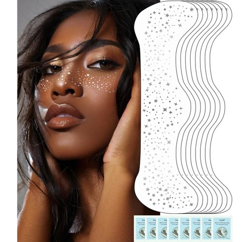 Wugbc Glitter Freckles Face Tattoo Silver Metallic Faux Star Sparkle Freckle Makeup Patches Waterproof Flash Temporary Tattoos Sticker 8 Counts Accessory Shiny for Music Festival Stage Rave Party