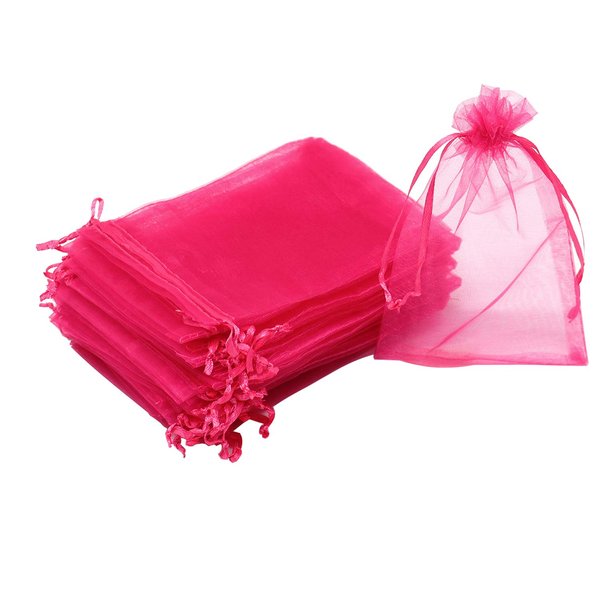 Dealglad 100Pcs Hot Pink Organza Bags 5x7 Inch, Small Jewelry Drawstring Gift Bags, Sheer Wedding Favor Party Festival Candy Pouches