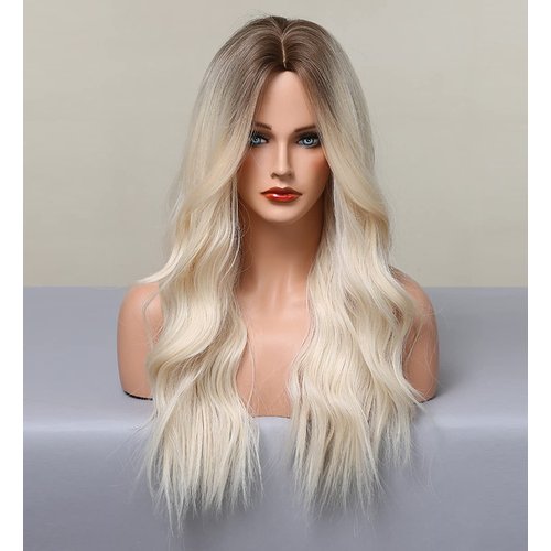 LANOVA Ombre Brown Platinum Blonde Wigs for Women, Wavy Wigs with Middle Part, Glueless Synthetic Hair Blonde Wig with Brown Roots, 22 inch LANOVA-188