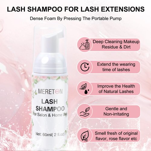 MERETON Lash Shampoo Kit 60 ml Lash Shampoo for Lash Extensions Lash Extension Cleanser 6 in 1 Eye Lash Cleansing Foam for Lash Clusters with Lash Wash, Lash Fan, Makeup Pad, Rinse Bottle, Lash Brush