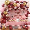 167Pcs Happy Birthday Decorations for Women Girls Burgundy Balloon Arch Kit with Maroon Rose Gold Balloons Backdrop Tablecloth Cupcake Toppers Butterfly Sticker Floral Burgundy Birthday Party Supplies