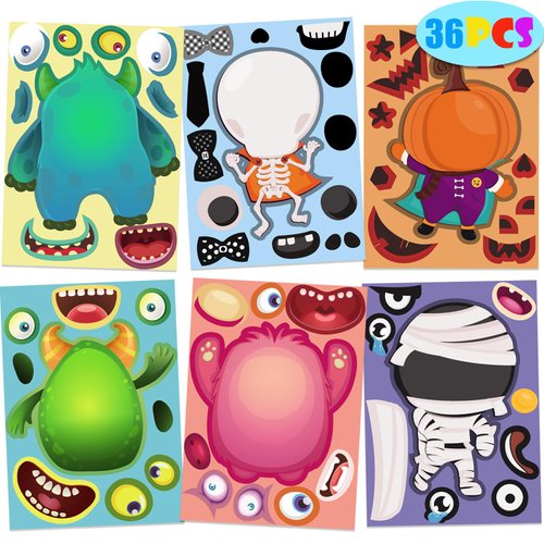 ROCWOHO 36 Make Skeletons/Pumpkins/Mummies/Monsters Game Stickers Halloween Party Games for Kids ...