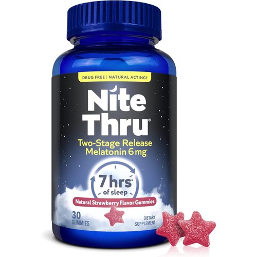 Nite Thru Two-Stage Release Melatonin, 6mg, Strawberry, Dietary Supplement, 30 Gummies