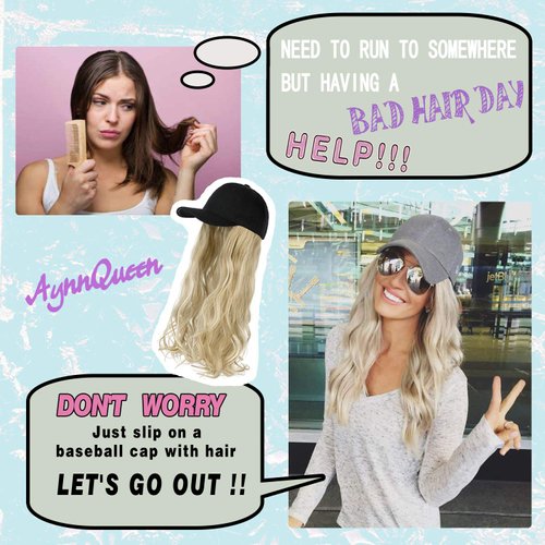 AynnQueen Baseball Cap with Hair Extensions for Women Adjustable Hat with Synthetic Wig Attached 24inch Long Wavy Hair Black Baseball Cap (Light Pink)