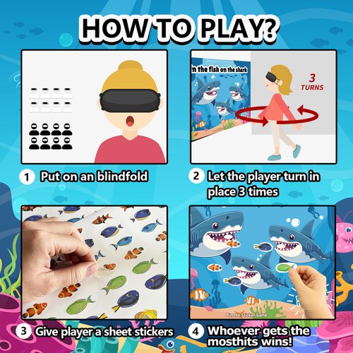 Pin The Fish on The Shark Party Game, Ocean Shark Themed Birthday Party Supplies Decorations for Kids