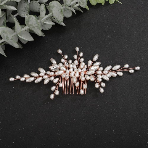 Teyglen Wedding Hair Comb Bridal Pearl Hair Comb with Rhinestone Vintage Pearl Headpieces Handmade Rose Gold Pearl Beads Crystal Hair Pieces Hair Accessories for Women Bride Girls (Rose Gold)
