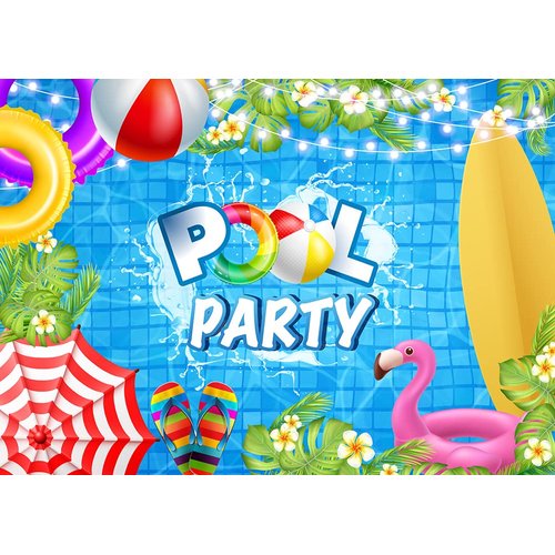 Cenven Summer Pool Party Backdrop Hawaiian Beach Ball Swim Ring Surfboard Tropical Palm Flower Photography Background Baby Shower Birthday Swimming Pool Party Decoration 7x5FT