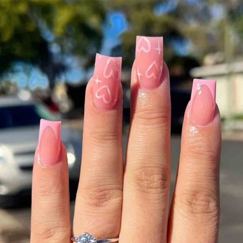 Enppode Pink Press on Nails Medium Fake Nails Square Acrylic Nails with Hearts Design Full Cover Nails 24 PC/Set