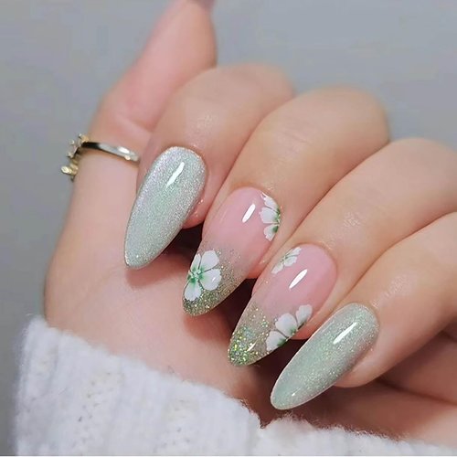 RTKHFZE Almond Press on Nails Cat Eye French Tip Press on Nails Medium Length Fake Nails with Flower Designs Acrylic Nails 24Pcs Press on False Nails with Glue for Women Girls