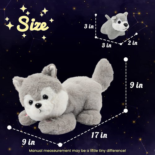 Hopearl LED Plush Husky Lighting Up Stuffed Mommy Dog with 3 Baby Puppies in her Tummy Stuffed Animal Playset Night Lights Glow in The Dark Gifts for Mom Toddler Boys Girls, Gray, 17''