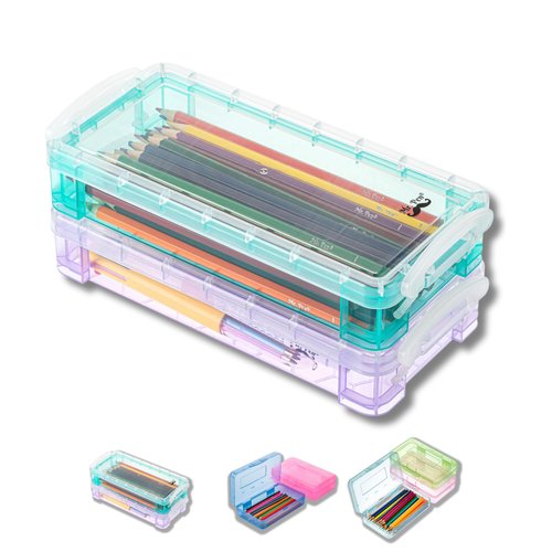 Mr. Pen- Pencil, Crayon Box, Assorted Color, 2 Pack for Kids, Clear Plastic Hard Pencil Case, School Supply Box