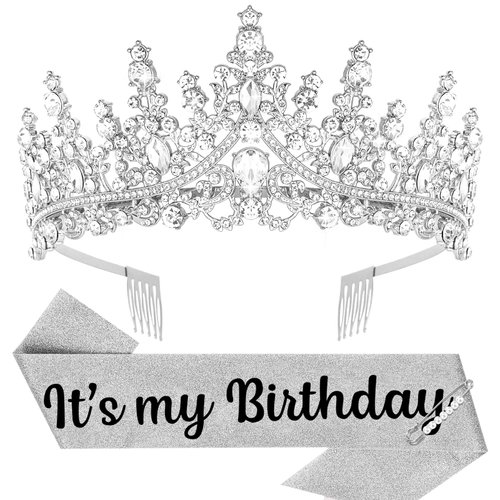 Araluky Silver Birthday Crown Adult Woman & Glitter It's My Birthday Sash for Women Birthday Tiara for Women Princess Tiara Birthday Hat Birthday Headband for Parties Favors Birthday Decorations
