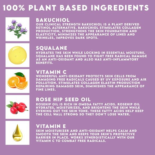 Bakuchiol Facial Serum Oil 1.7 oz - Retinol Alternative - Clinical Strength Bakuchiol - All Natural Plant Derived Clean Beauty Ingredients - Bakuchiol, Squalane, Vitamin C, Rose Hip Oil, Vitamin E -