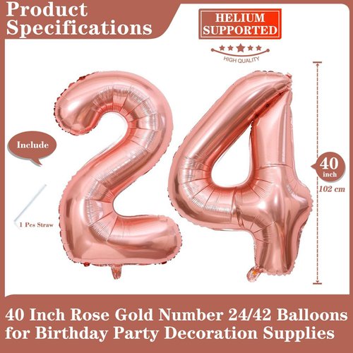 Rose Gold 24 Number Balloons, 40 Inch Giant Number 24 Balloons Foil Mylar Helium Rose Gold Number Balloons for 24th Birthday Party Supplies Anniversary Event Celebration Decorations