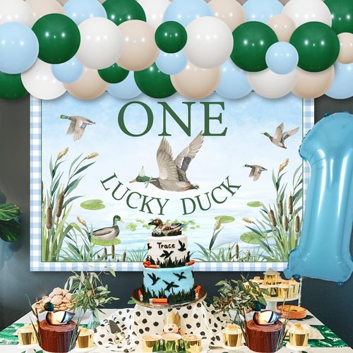 Sursurprise Duck Hunting First Birthday Decorations, One Lucky Duck Backdrop Mallard Duck Balloon Garland Arch Kit for Boys 1st Birthday Party Supplies
