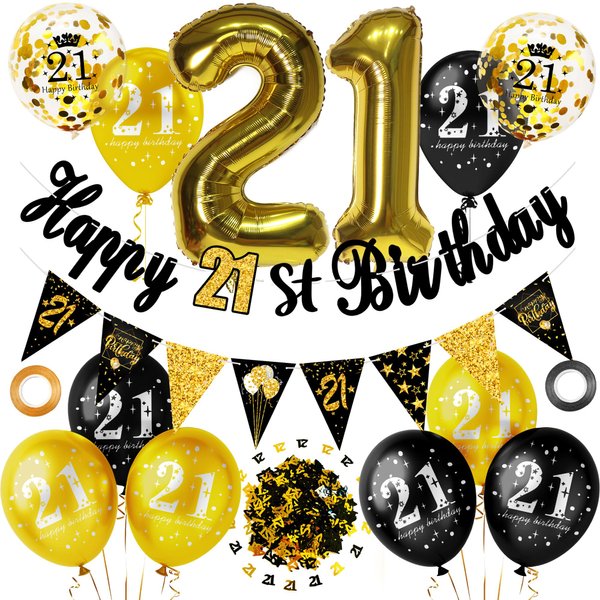 21st Birthday Party Decorations for Men Women Black and Gold, Black Gold Happy Birthday Banner Sign 21st Happy Birthday Balloons for 21st Anniversary Birthday Party Supplies Outdoor Indoor Décor