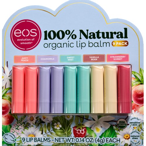 EOS Organic Lip Balm Juicy Peach Chamomile Mint Vanilla Strawberry, 9 Pack