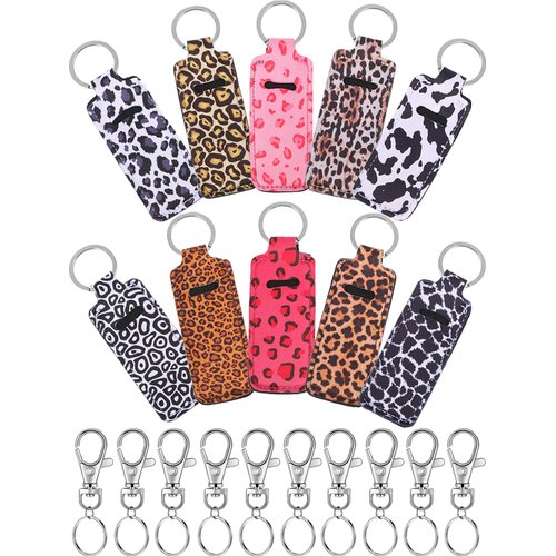 10 Pieces Cow Print Lipstick Holder Lipstick Holder Keychain Sleeve Lipstick Pouch Lip Balm Holder Sleeve with 10 Metal Key Chains to hold Travel Daily Accessories, Leopard Style