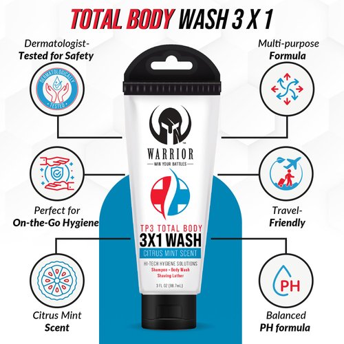 Warrior 3 in 1 Body Wash For Men And Women - Travel Size Body Wash, Shampoo & Shaving Lather with Citrus Mint Scent – USA Made Liquid Soap Body Wash for Military & Camping Enthusiasts (3.0 FL OZ)