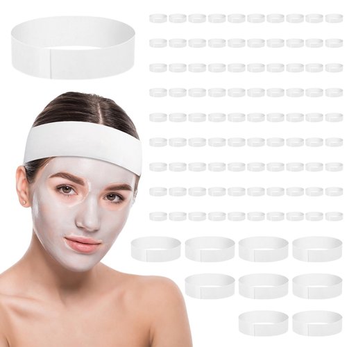 Tolare 100 Pcs Disposable Spa Facial Headbands, Spa Headband for Women, Elastic Headband Wrap with Adjustable Magic Tape, Stretch Non-Woven Facial Bandeau, Soft Skin Care Essential Headband