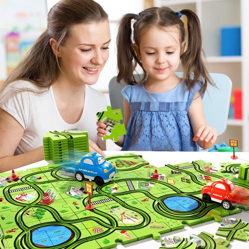 Beby Buty 48 PCS Puzzle Race Track Car Set Toys for Kids Boys, Toddler Toys Gifts for 3 4 5 Year Old Boys, Puzzle Tracks Car Toys for Boys Ages 3-5 4-6, Ideal 3 4 5 6 Year Old Boys Birthday Gifts