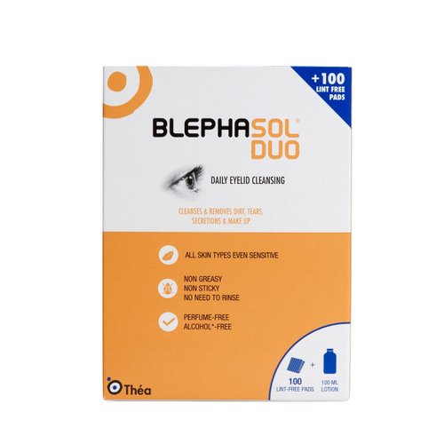 THEA PHARMA Blephasol Duo 100ml Eyelid Cleansing Micellar Lotion with 100 Cotton Pads for Daily Eyes Care | Preservatives Free | Suitable for Contact Lens Wearers
