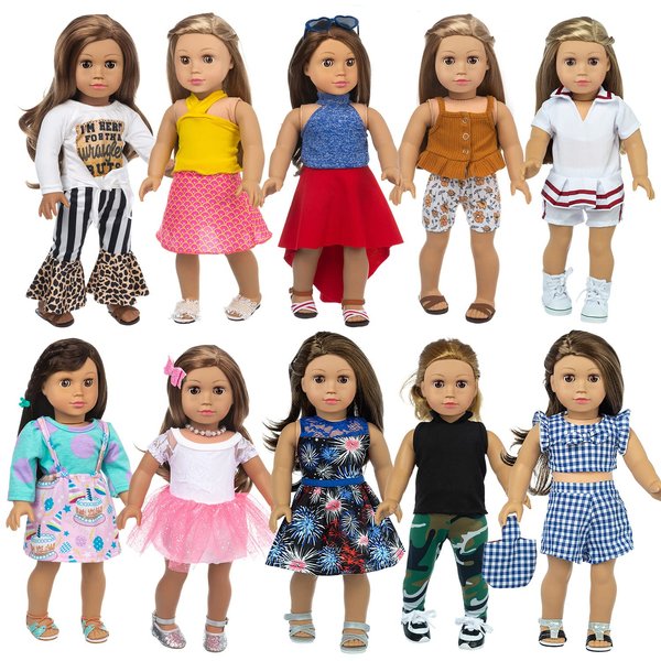 XFEYUE 22 Pcs American 18 inch Doll Clothes Gifts and Accessories, Fit 18 inch Doll - Including 10 Sets of Various Styles Doll Clothes, Hair Clips and Sunglasses Handbags