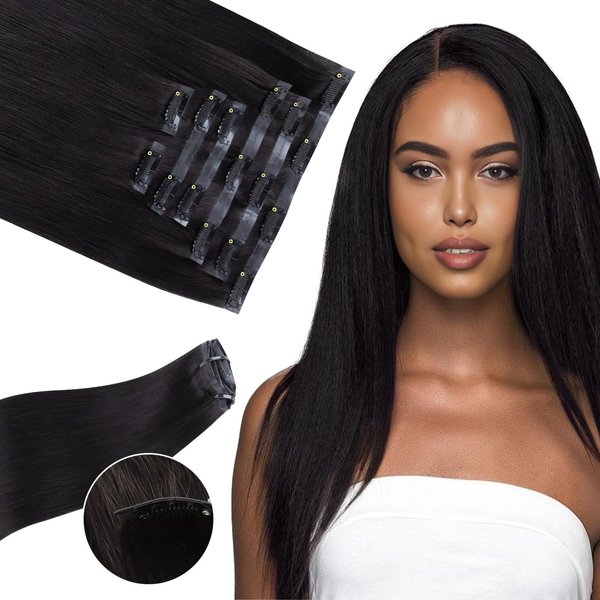 Human Hair Clip in Extensions Seamless Clip in Hair Extensions Human Hair Clip in Hair Extensions,Extensiones de Cabello Humano Yaki Straight 110g 16 inch Natural Black,100% Remy Human Hair Clip ins