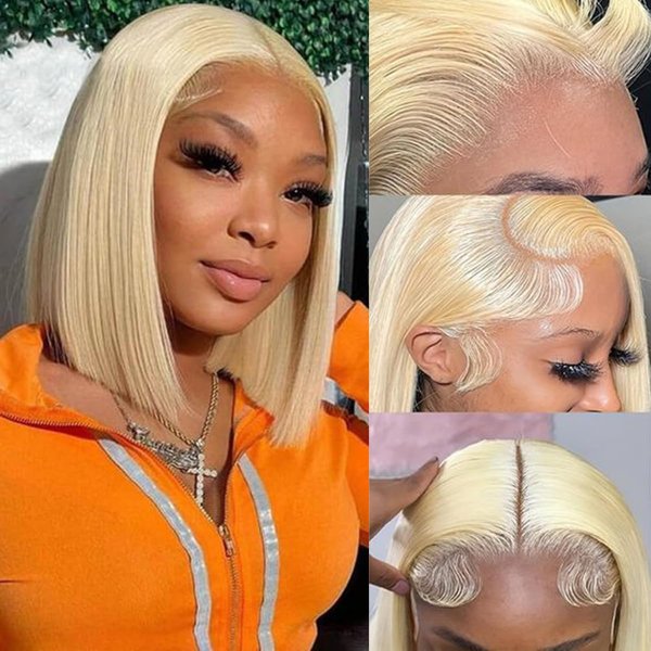Hoscod Blonde Bob Wig Human Hair Straight 613 Bob Wig Human Hair 12 Inch 180 Density 613 Blonde Suitable for All Hair Types 13x4 HD Transparent Lace Wigs for Women Glueless Bob Wigs with Baby Hair