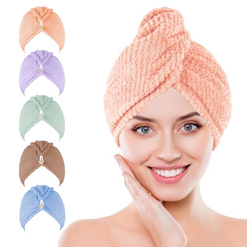 Kldnkig Microfiber Hair Towel Wrap, 5 Pack Soft Hair Drying Towel with Elastic Band, Drying Hair Wrap Towels for Curly, Hair Towel Wrap for Women, Fast Drying Hair Turban, Hair Turbans for Wet Hair