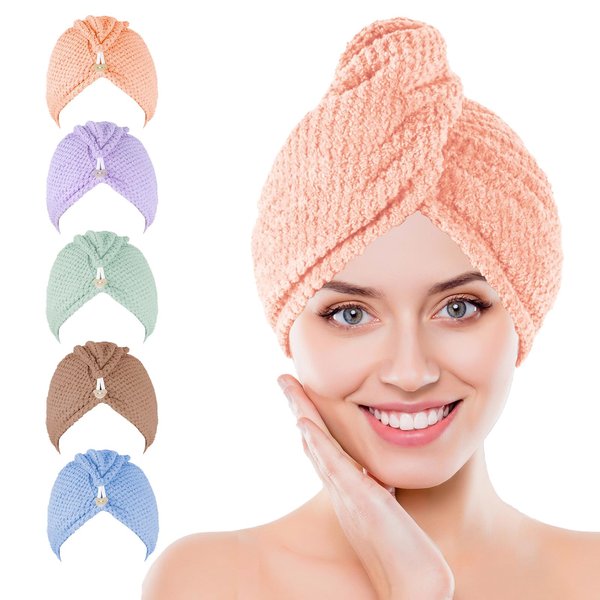 Kldnkig Microfiber Hair Towel Wrap, 5 Pack Soft Hair Drying Towel with Elastic Band, Drying Hair Wrap Towels for Curly, Hair Towel Wrap for Women, Fast Drying Hair Turban, Hair Turbans for Wet Hair