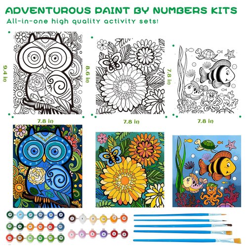 3 Pack Paint by Numbers for Kids Ages 8-12, Pre-Printed Acrylic Oil Painting, Includes (8x10, 8x9, 8x8 inch) Framed Canvas with 30 Acrylic Paint Pots, 5 Brushes for Kids, Art Supplies for Kids 9-12