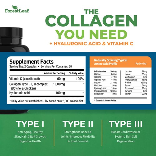 ForestLeaf Multi Collagen Pills with Hyaluronic Acid + Vitamin C | Hydrolyzed Collagen Supplements for Women or Men | Multi Collagen Capsules Peptides for Skin, Wrinkles, 240