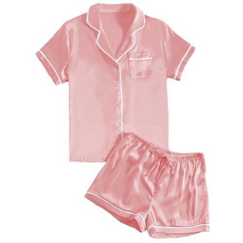LYANER Women's Satin Silky Short Sleeve Button Shirt Sleepwear 2Piece Pajama Set Coral Pink X-Small
