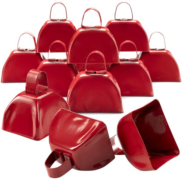 Metal Cowbells - Red 3 Inch Cow Bells Noise Makers, Loud Call Bell with Handles for Sporting Events, Cheering, Team Spirit, Noisemakers, Weddings, (Pack of 12)