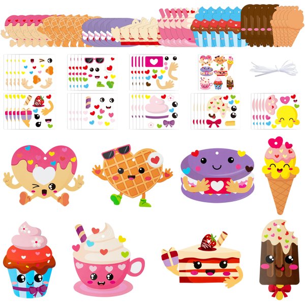 3sscha 123Pcs Valentine's Day Dessert Craft Kit for Kids DIY Make Your Own Ice Cream Cupcake Set Self-Adhesive Sticker Handmade Artwork Valentine Decor Classroom Home Activity Party Favor Supplies