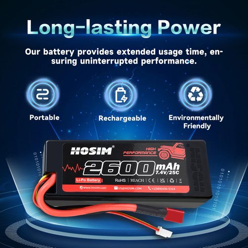 Hosim 2PCS 2S 7.4V 2600mAh Lipo Battery 25C with 1 USB Chargers & 1 Battery Strap RC Car Truck RC Vehicles Boat Battery Fit for X08 X07 X07W High Speed RC Cars 1/10 Scale