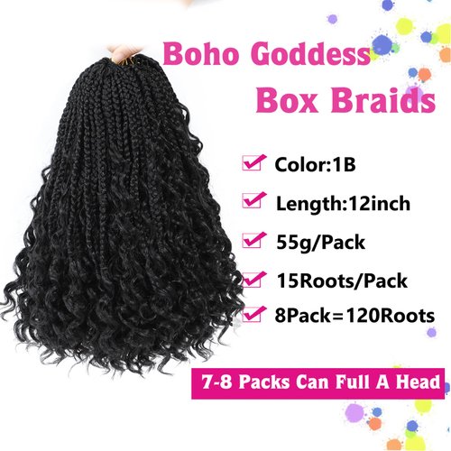 12inch Goddess Box Braids Crochet Hair Crochet Box Braids Curly Ends 3X Bohemian Crochet Box Braids Hair Synthetic Crochet Hair Extensions(12inch(Pack of 8), 1B)
