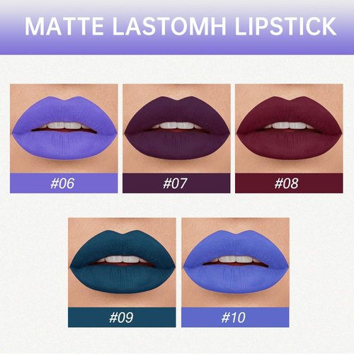evpct 5Pcs Dark Light Blue Plum Purple Red Violet Matte Liquid Lipstick Lip Stain Sets for Women Matte+Lipstick Long Lasting 24 hr Hours Magic Lipstick 24 Hours original Waterproof Set02