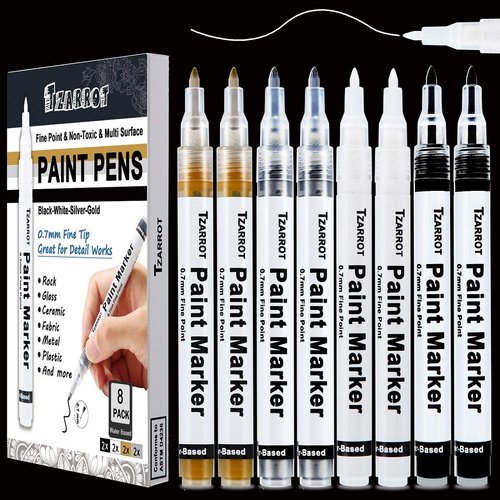 White Paint Pen, 8 Pack 0.7mm Acrylic Paint Pens with 2 White 2 Black 2 Gold 2 Silver Paint Pen Permanent Marker for Wood Rock Fabric Metal Plastic Ceramic Acrylic Paint Markers Extra Fine Tip