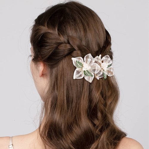 Mistofu DIY Copper Wire Metal Hand Woven Wedding Hair Accessories 3.93inch High-level design Barrettes Elegant Gifts for Women Girls (White gradient double flower)