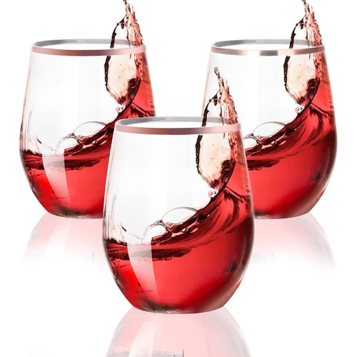 SUT 32Pcs Plastic Stemless Wine Glasses Disposable, 12 OZ Clear Disposable Stemless Wine Cups with Rose Gold Rim, BPA-Free, Recyclable Perfect for Wedding Reception Cocktail Parties and Catered Events