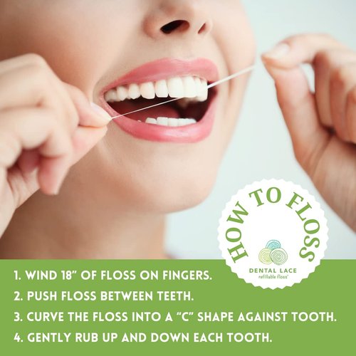 Dental Lace New Woven Dental Floss, New 100% Silk Floss with Natural Mint Flavor - New Refillable Dental Floss Holder with 1 New Floss Spool, and 1 Refill with Recyclable Packaging